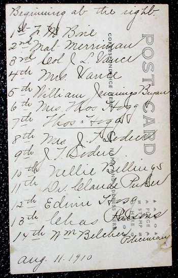 Handwritten postcard of name labels for photograph