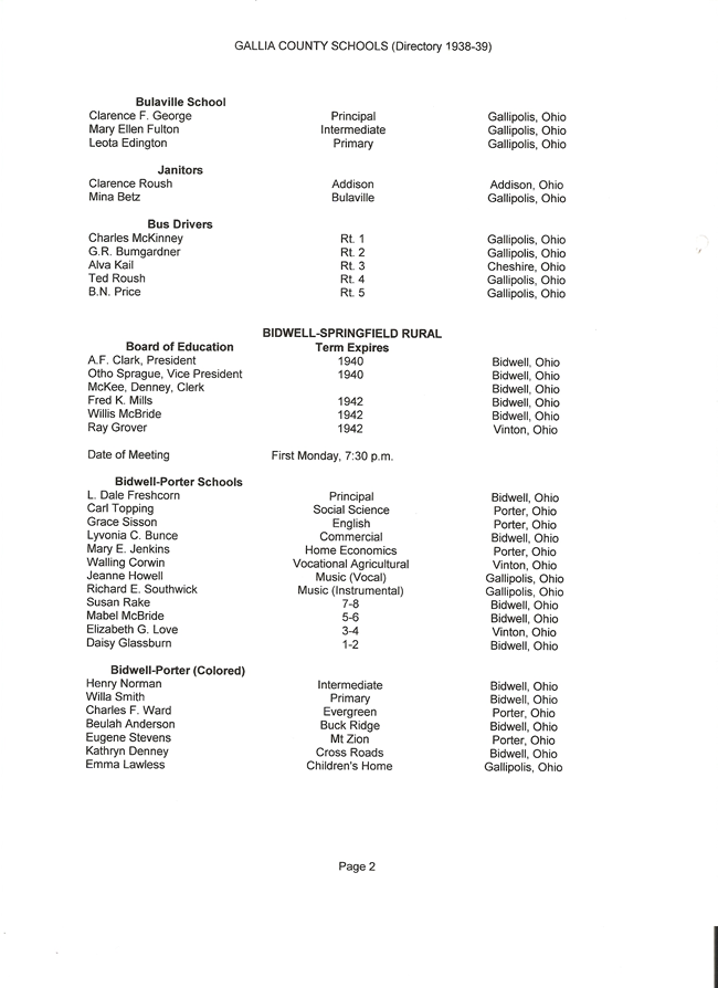 Gallia County Schools Directory 1938-39
