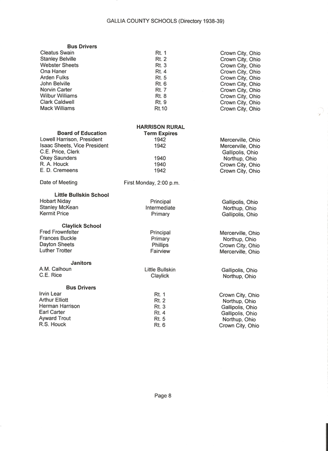 Gallia County Schools Directory 1938-39